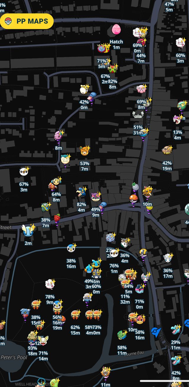 The PP Maps live map, full of Pokémon with their IVs and time left